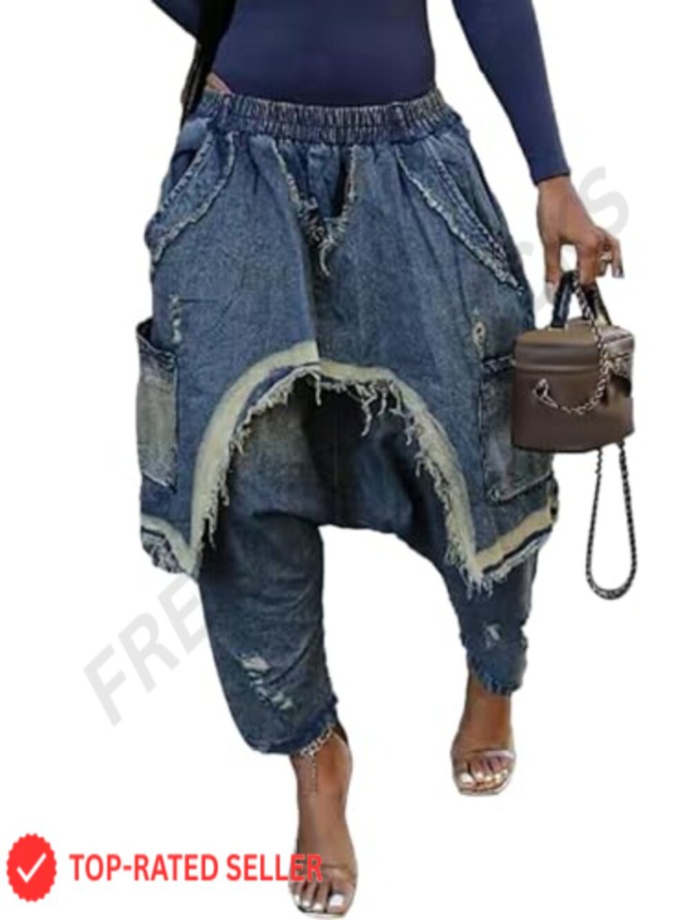 High Waist Wide Leg Harem Jeans Patchwork Denim with Pockets for Women